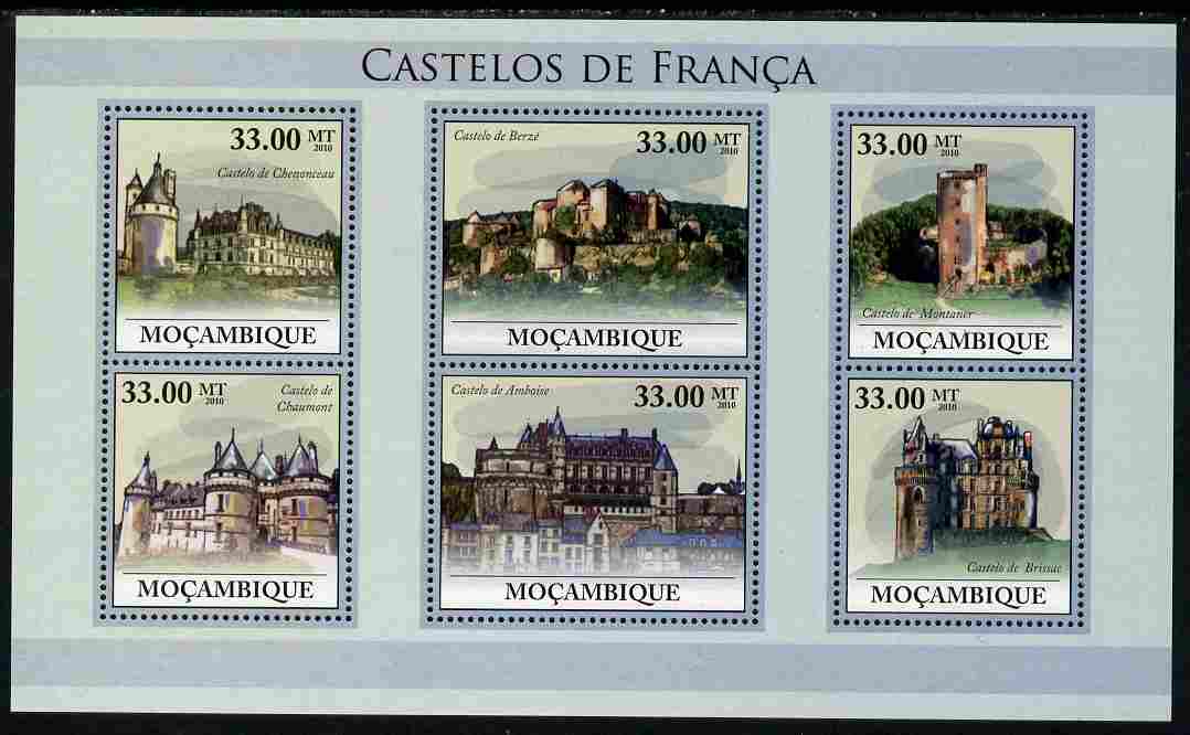Mozambique 2010 Castles of France perf sheetlet containing 6 values unmounted mint, Yvert 3158-63, stamps on tourism, stamps on castles