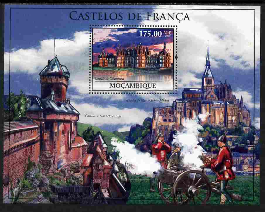 Mozambique 2010 Castles of France perf m/sheet unmounted mint, Yvert 284, stamps on tourism, stamps on castles
