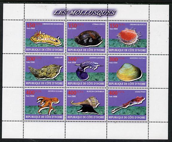 Ivory Coast 2009 Shells perf sheetlet containing 9 values unmounted mint, stamps on , stamps on  stamps on marine life, stamps on  stamps on shells