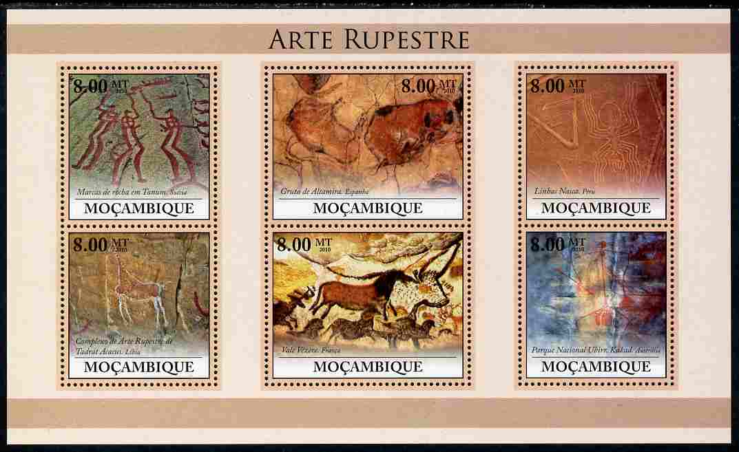 Mozambique 2010 Rock Paintings perf sheetlet containing 6 values unmounted mint, Yvert 3164-69, stamps on arts, stamps on 
