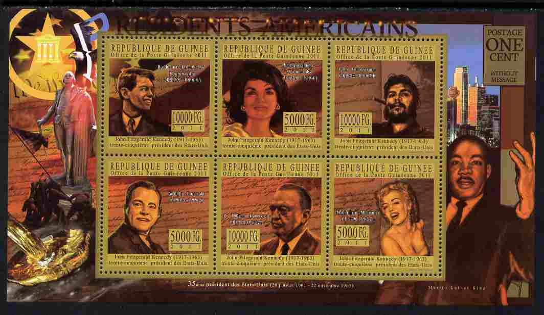 Guinea - Conakry 2010-11 Presidents of the USA #35 - John F Kennedy perf sheetlet containing 6 values unmounted mint Michel 8188-93, stamps on americana, stamps on personalities, stamps on usa presidents, stamps on constitutions, stamps on kennedy, stamps on marilyn, stamps on monroe