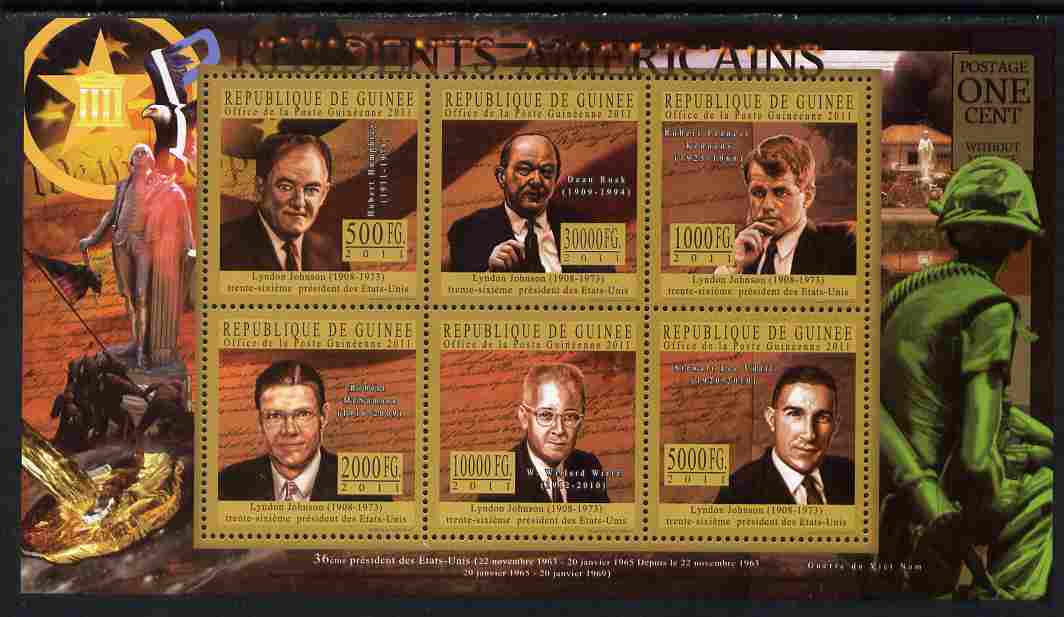 Guinea - Conakry 2010-11 Presidents of the USA #36 - Lyndon B Johnson perf sheetlet containing 6 values unmounted mint Michel 8194-99, stamps on americana, stamps on personalities, stamps on usa presidents, stamps on constitutions, stamps on johnson