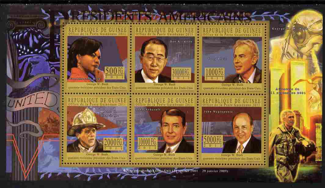 Guinea - Conakry 2010-11 Presidents of the USA #43 - George W Bush perf sheetlet containing 6 values unmounted mint Michel 8236-41, stamps on , stamps on  stamps on americana, stamps on  stamps on personalities, stamps on  stamps on usa presidents, stamps on  stamps on constitutions, stamps on  stamps on bush, stamps on  stamps on 9-11, stamps on  stamps on fire