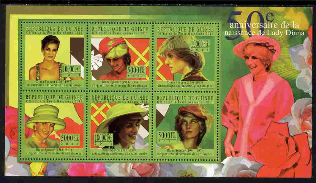 Guinea - Conakry 2011 50th Birth Anniversary of Princess Diana #1 perf sheetlet containing 6 values unmounted mint Michel 8066-71, stamps on , stamps on  stamps on personalities, stamps on  stamps on royalty, stamps on  stamps on diana, stamps on  stamps on women