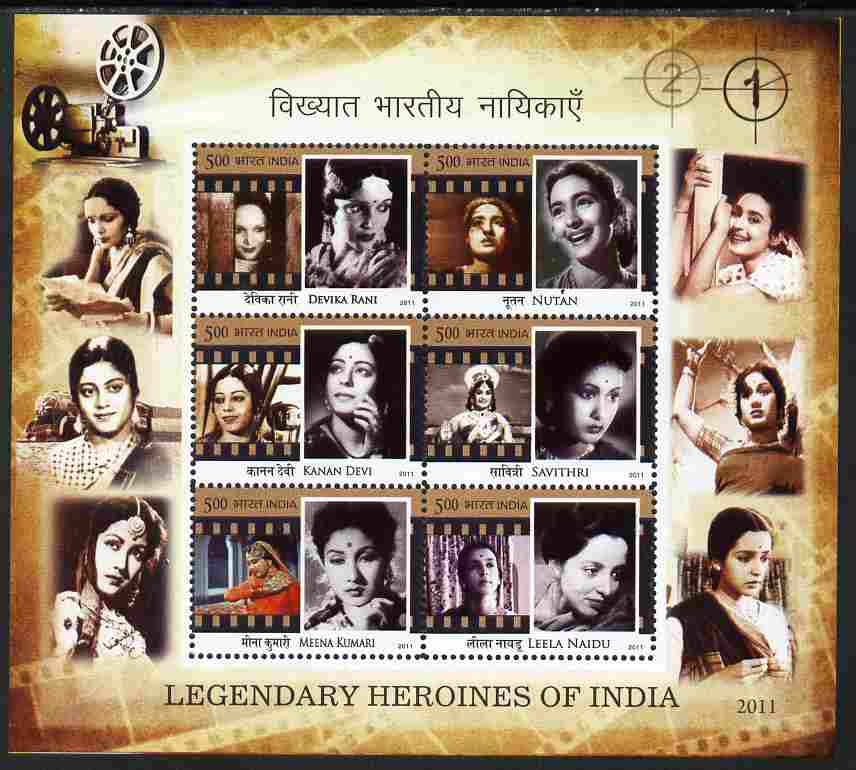 India 2011 Legendary Heroines of India perf m/sheet containing set of 6 unmounted mint, stamps on , stamps on  stamps on personalities, stamps on  stamps on women, stamps on  stamps on films, stamps on  stamps on movies, stamps on  stamps on cinema