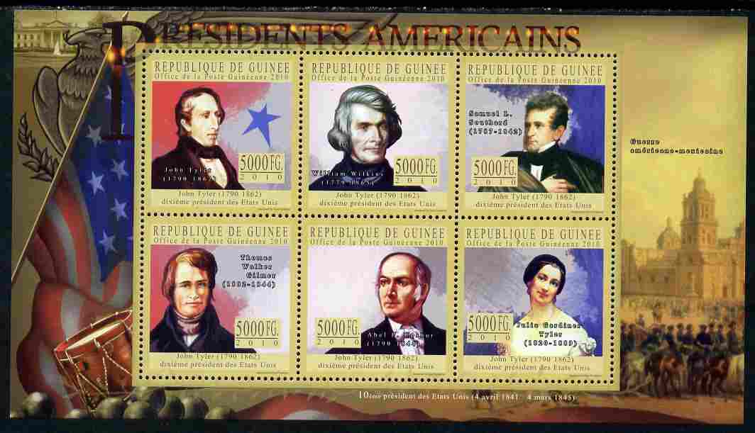 Guinea - Conakry 2010-11 Presidents of the USA #10 - John Tyler perf sheetlet containing 6 values unmounted mint Michel 7919-24, stamps on americana, stamps on usa presidents, stamps on constitutions, stamps on militaria