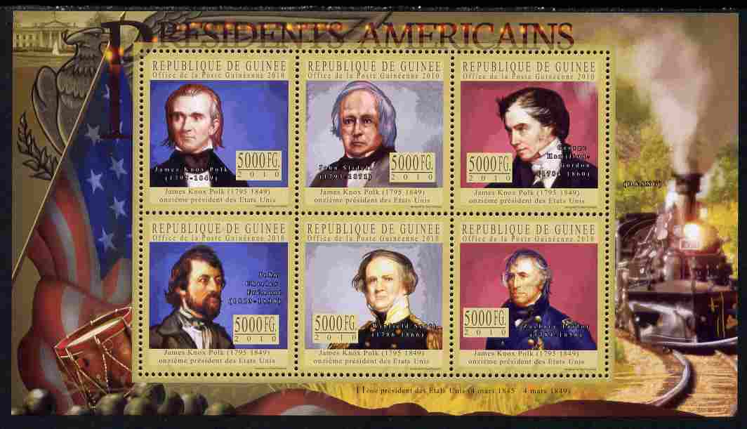 Guinea - Conakry 2010-11 Presidents of the USA #11 - James K Polk perf sheetlet containing 6 values unmounted mint Michel 7925-30, stamps on , stamps on  stamps on americana, stamps on  stamps on usa presidents, stamps on  stamps on constitutions, stamps on  stamps on railways