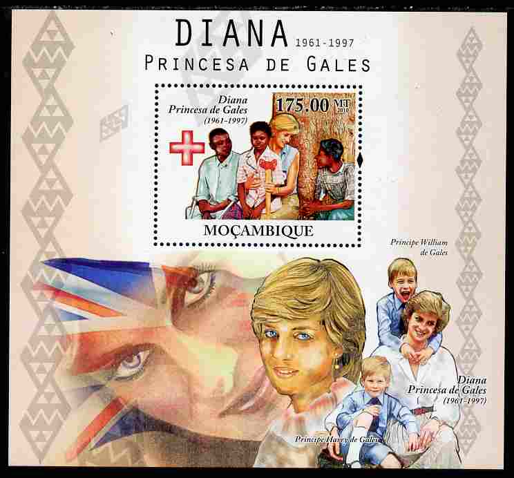 Mozambique 2010 Diana Princess of Wales perf s/sheet unmounted mint, stamps on personalities, stamps on royalty, stamps on diana, stamps on red cross