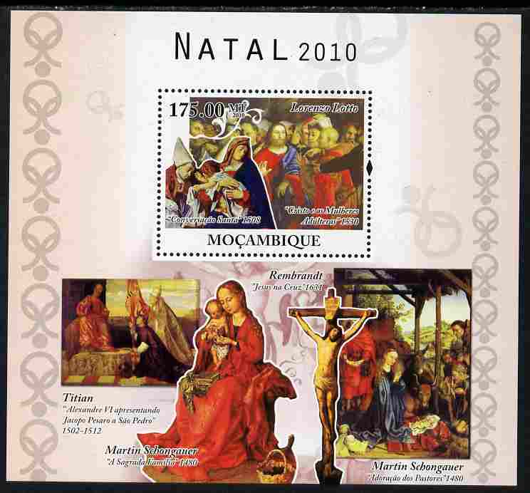 Mozambique 2010 Christmas - Religious Paintings perf s/sheet unmounted mint, stamps on christmas, stamps on arts, stamps on rembrandt, stamps on titian, stamps on 