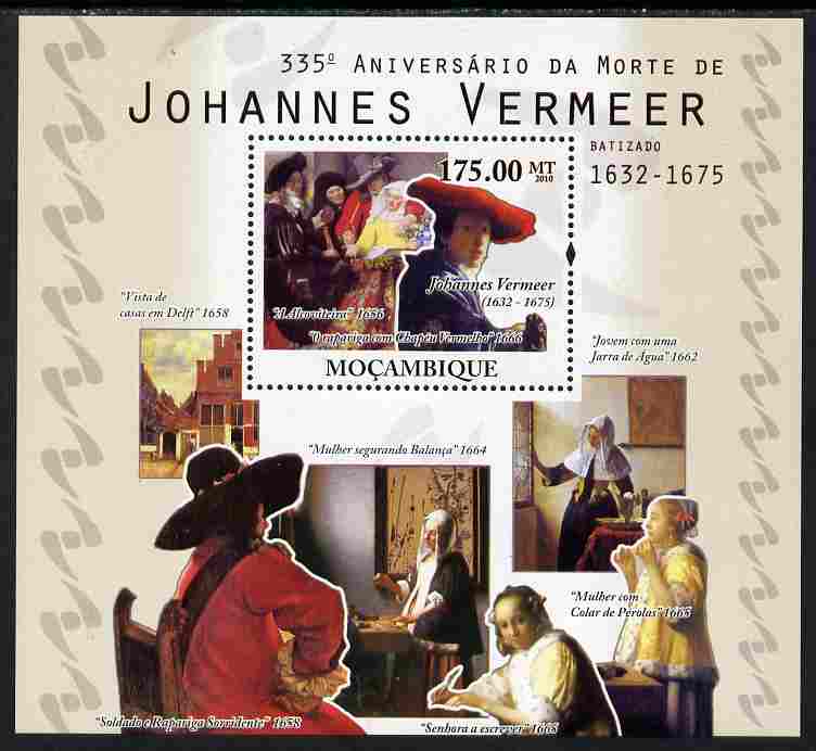 Mozambique 2010  335th Death Anniversary of Johannes Vermeer perf s/sheet unmounted mint, stamps on personalities, stamps on arts, stamps on vermeer