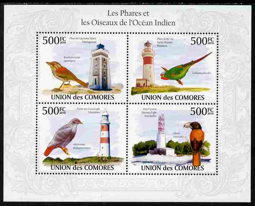 Comoro Islands 2010 Lighthouses & Birds from the Indian Ocean Region perf sheetlet containing 4 values unmounted mint, Michel 2705-08, stamps on , stamps on  stamps on lighthouses, stamps on  stamps on birds, stamps on  stamps on kingfishers, stamps on  stamps on parrots