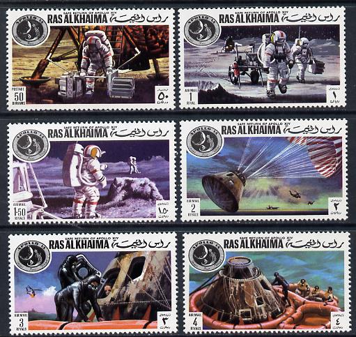 Ras Al Khaima 1972 Apollo 14 perf set of 6 - one stamp shows Alan Shepherd with Golf Club unmounted mint (Mi 709-13A), stamps on space, stamps on helicopters, stamps on parachutes, stamps on golf