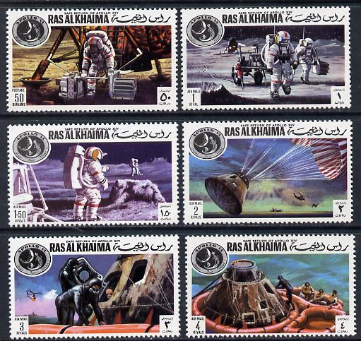 Ras Al Khaima 1972 Apollo 14 perf set of 6 - one stamp shows Alan Shepherd with Golf Club unmounted mint (Mi 709-13A), stamps on , stamps on  stamps on space, stamps on  stamps on helicopters, stamps on  stamps on parachutes, stamps on  stamps on golf