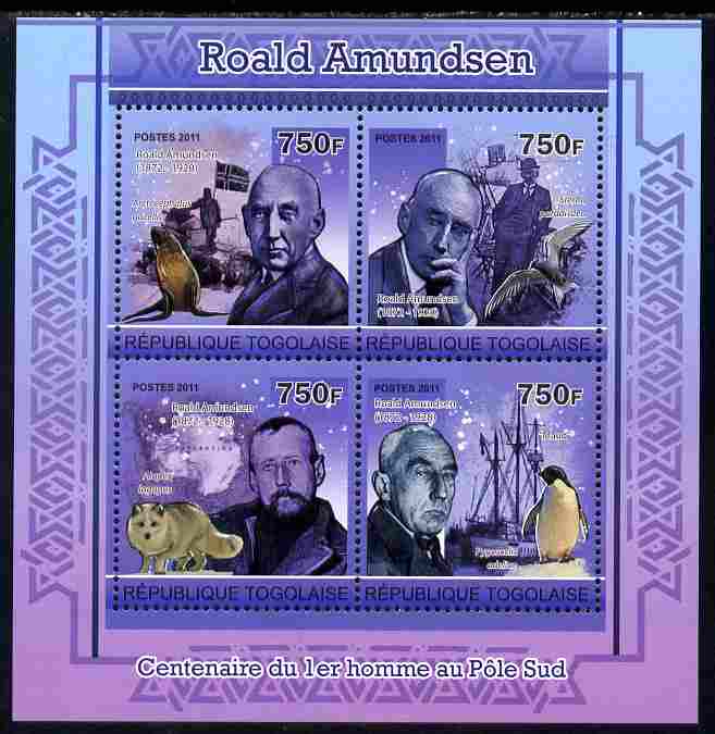 Togo 2011 Roald Amundsen perf sheetlet containing 4 values unmounted mint, stamps on , stamps on  stamps on personalities, stamps on  stamps on polar, stamps on  stamps on ships, stamps on  stamps on maps, stamps on  stamps on penguins, stamps on  stamps on wolves