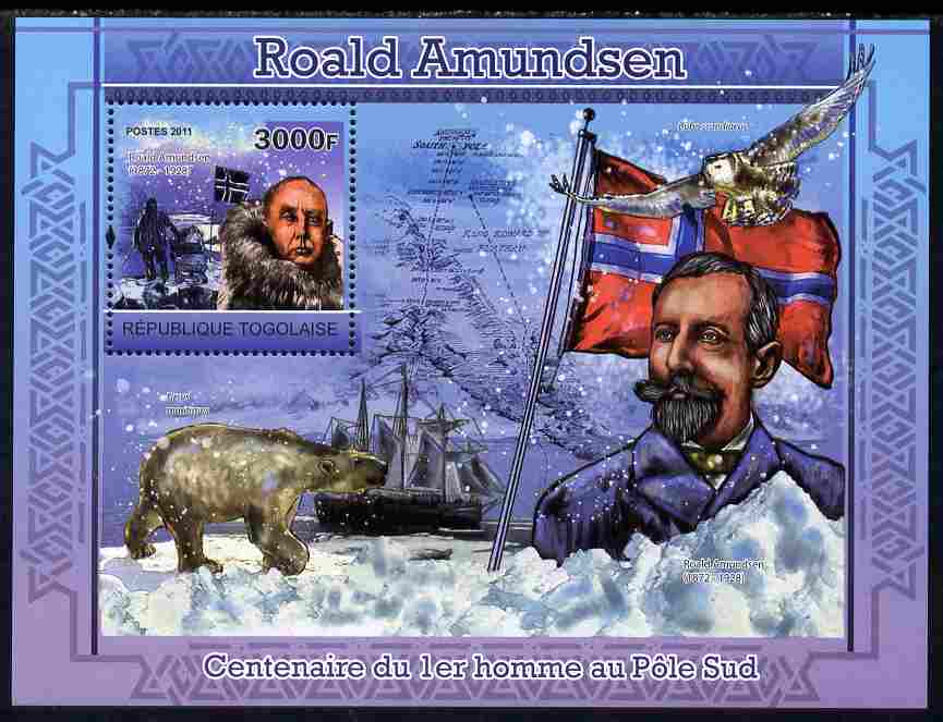 Togo 2011 Roald Amundsen perf s/sheet unmounted mint, stamps on , stamps on  stamps on personalities, stamps on  stamps on polar, stamps on  stamps on ships, stamps on  stamps on maps, stamps on  stamps on bears, stamps on  stamps on owls