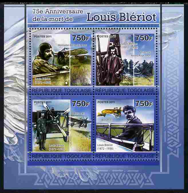 Togo 2011 75th Death Anniversary of  Louis Bleriot perf sheetlet containing 4 values unmounted mint, stamps on personalities, stamps on bleriot, stamps on aviation
