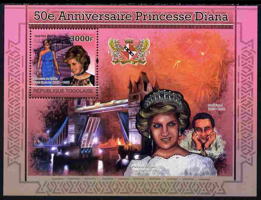 Togo 2011 50th Birth Anniversary of  Princess Diana perf s/sheet unmounted mint, stamps on , stamps on  stamps on personalities, stamps on  stamps on royalty, stamps on  stamps on diana, stamps on  stamps on london, stamps on  stamps on bridges