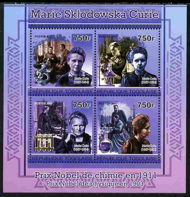 Togo 2011 Marie Curie perf sheetlet containing 4 values unmounted mint, stamps on personalities, stamps on nobel, stamps on women, stamps on medical, stamps on physics, stamps on chemistry, stamps on cancer, stamps on diseases, stamps on microscopes