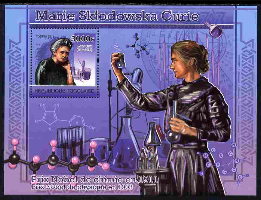 Togo 2011 Marie Curie perf s/sheet unmounted mint, stamps on personalities, stamps on nobel, stamps on women, stamps on medical, stamps on physics, stamps on chemistry, stamps on cancer, stamps on diseases