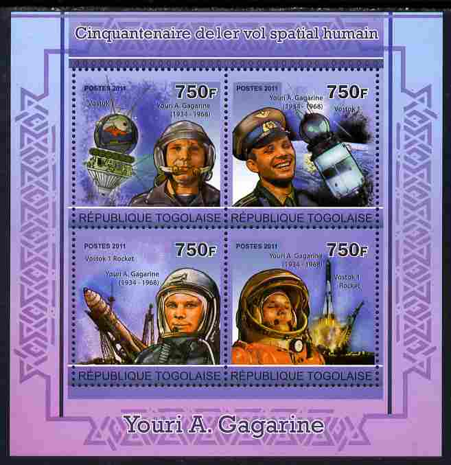 Togo 2011 50th Anniversary of First Manned Space Flight perf sheetlet containing 4 values unmounted mint, stamps on , stamps on  stamps on space, stamps on  stamps on rockets, stamps on  stamps on satellites, stamps on  stamps on gagarin