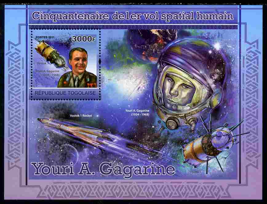 Togo 2011 50th Anniversary of First Manned Space Flight perf s/sheet unmounted mint, stamps on space, stamps on rockets, stamps on satellites, stamps on gagarin
