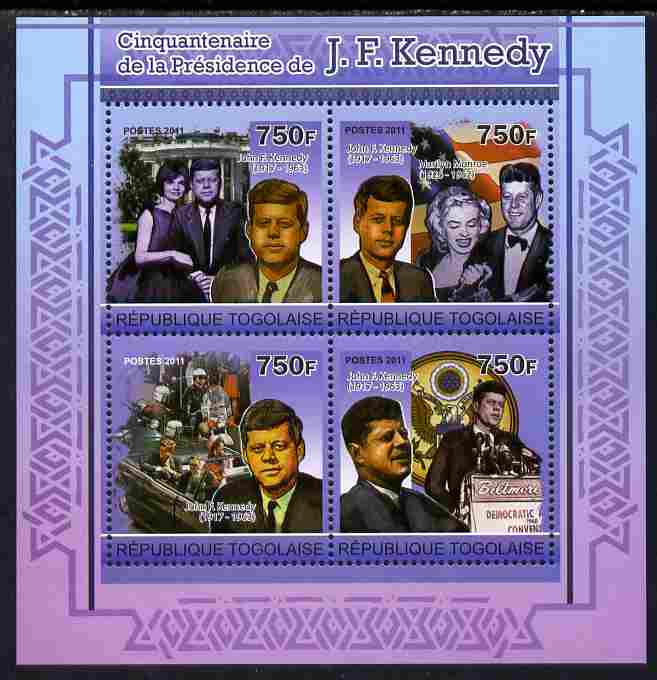 Togo 2011 50th Anniversary of Presidency of John F Kennedy perf sheetlet containing 4 values unmounted mint, stamps on personalities, stamps on kennedy, stamps on usa presidents, stamps on americana, stamps on marilyn, stamps on motorbikes, stamps on 