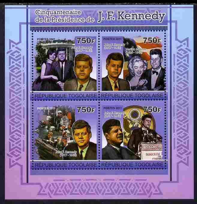 Togo 2011 50th Anniversary of Presidency of John F Kennedy perf sheetlet containing 4 values unmounted mint, stamps on , stamps on  stamps on personalities, stamps on  stamps on kennedy, stamps on  stamps on usa presidents, stamps on  stamps on americana, stamps on  stamps on marilyn, stamps on  stamps on motorbikes, stamps on  stamps on 