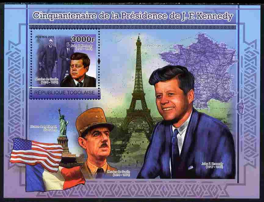 Togo 2011 50th Anniversary of Presidency of John F Kennedy perf s/sheet unmounted mint, stamps on personalities, stamps on kennedy, stamps on usa presidents, stamps on americana, stamps on de gaulle, stamps on eiffel tower, stamps on statue of liberty, stamps on maps, stamps on flags