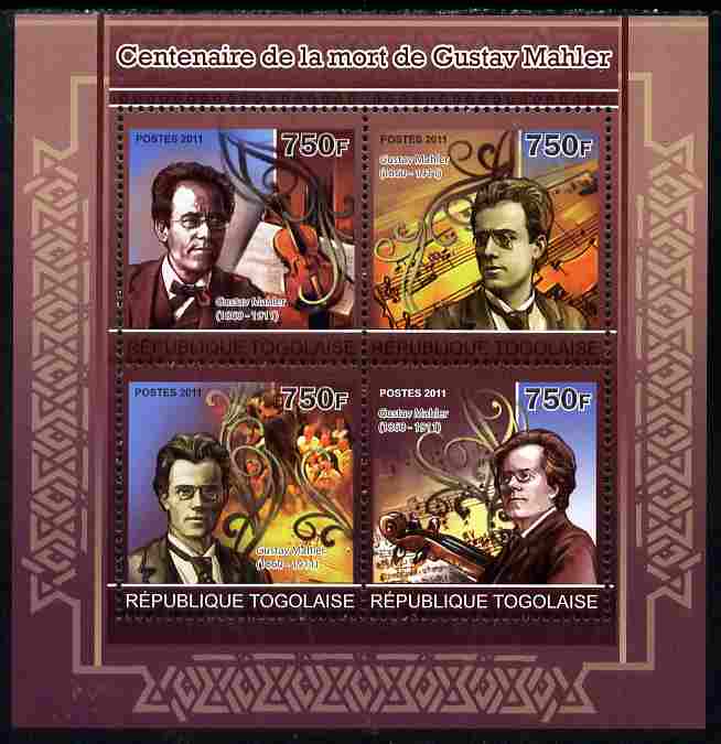 Togo 2011 Death Centenary of Gustav Mahler perf sheetlet containing 4 values unmounted mint, stamps on , stamps on  stamps on personalities, stamps on  stamps on music, stamps on  stamps on composers