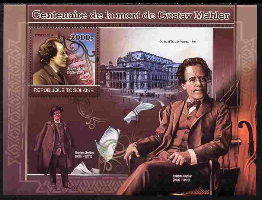 Togo 2011 Death Centenary of Gustav Mahler perf s/sheet unmounted mint, stamps on , stamps on  stamps on personalities, stamps on  stamps on music, stamps on  stamps on composers