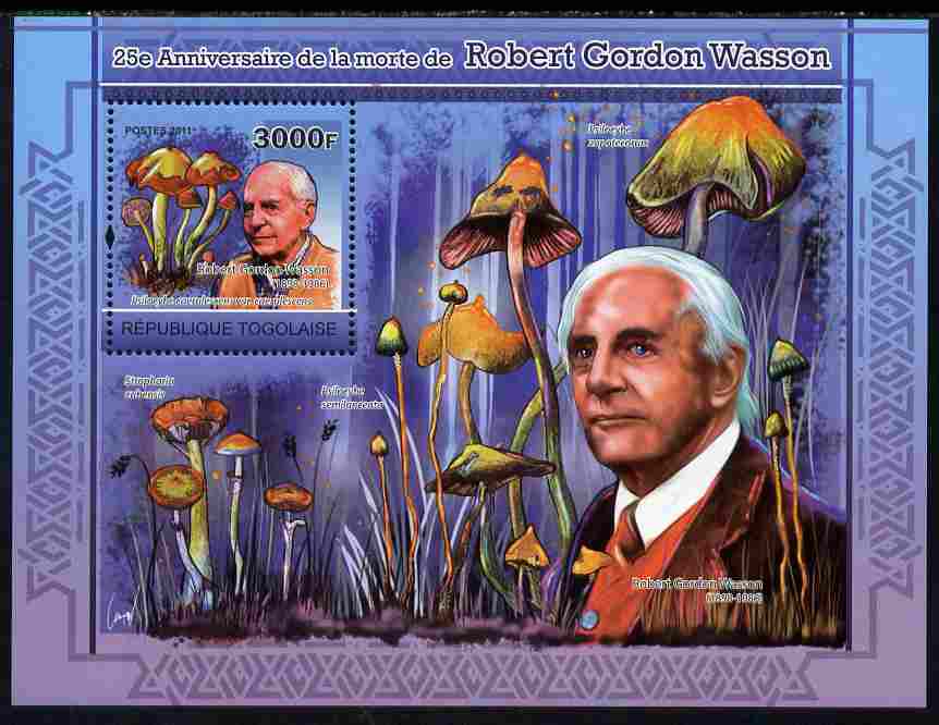 Togo 2011 25th Death Anniversary of  Robert Gordon Wasson perf s/sheet unmounted mint, stamps on , stamps on  stamps on personalities, stamps on  stamps on literature, stamps on  stamps on fungi