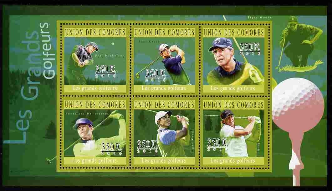 Comoro Islands 2010 Great Golfers perf sheetlet containing 6 values unmounted mint, stamps on , stamps on  stamps on personalities, stamps on  stamps on sport, stamps on  stamps on golf
