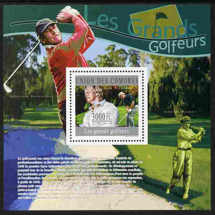 Comoro Islands 2010 Great Golfers perf s/sheet unmounted mint, stamps on , stamps on  stamps on personalities, stamps on  stamps on sport, stamps on  stamps on golf