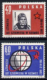 Poland 1961 World's First Manned Space Flight (Gagarin) unmounted mint set of 2 SG 1221-22, stamps on , stamps on  stamps on space