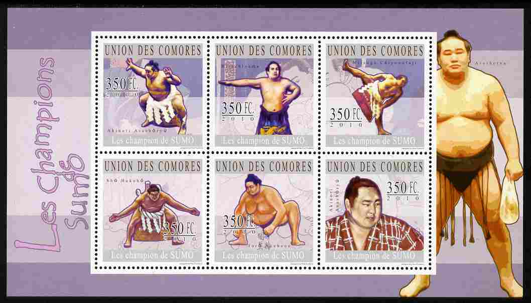 Comoro Islands 2010 Champions of Sumo Wrestling perf sheetlet containing 6 values unmounted mint, stamps on , stamps on  stamps on sport, stamps on  stamps on martial arts, stamps on  stamps on sumo, stamps on  stamps on wrestling