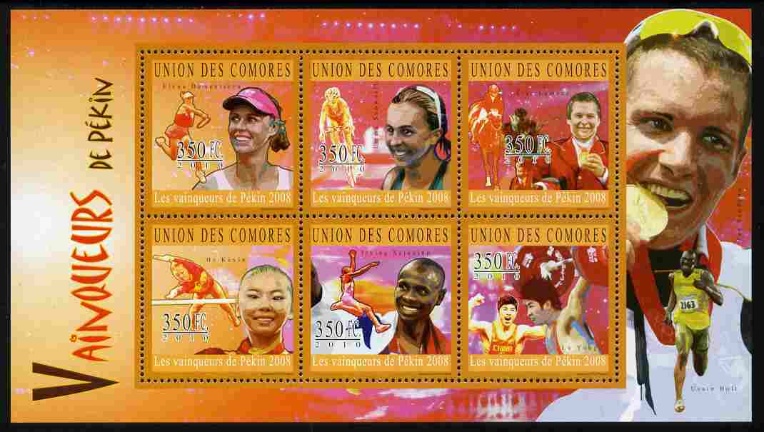 Comoro Islands 2010 Beijing Olympic Winners perf sheetlet containing 6 values unmounted mint, stamps on sport, stamps on olympics, stamps on tennis, stamps on bicycles, stamps on gymnastics, stamps on  gym , stamps on weights, stamps on weight lifting, stamps on long jump