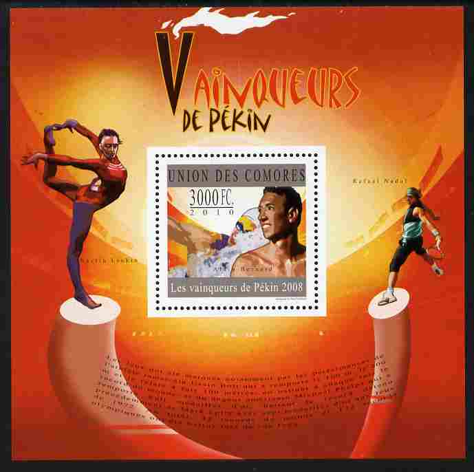 Comoro Islands 2010 Beijing Olympic Winners perf s/sheet unmounted mint, stamps on sport, stamps on olympics, stamps on tennis, stamps on gymnastics, stamps on  gym , stamps on  swimming