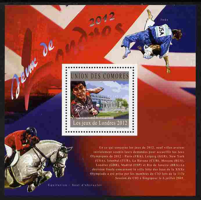 Comoro Islands 2010 London 2012 Olympics perf s/sheet unmounted mint, stamps on sport, stamps on olympics, stamps on horses, stamps on show jumping, stamps on table tennis, stamps on judo, stamps on london, stamps on martial arts