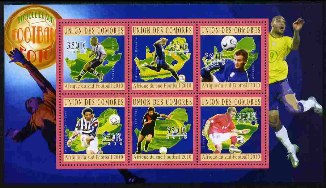 Comoro Islands 2010 South African Footballers #2 perf sheetlet containing 6 values unmounted mint, stamps on , stamps on  stamps on sport, stamps on  stamps on football