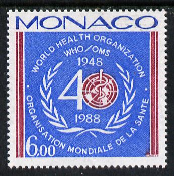 Monaco 1988 World Health Organisation unmounted mint, SG 1884, stamps on , stamps on  stamps on united nations, stamps on  stamps on  who , stamps on  stamps on medical