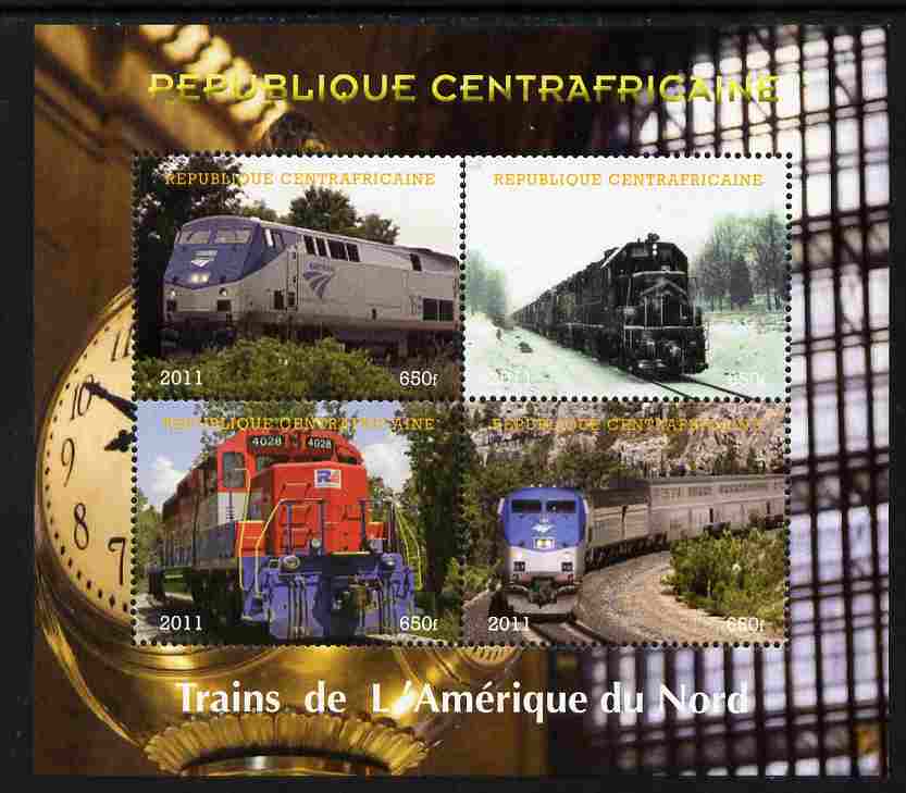 Central African Republic 2011 Railways - Trains of North America perf sheetlet containing 4 values unmounted mint. Note this item is privately produced and is offered purely on its thematic appeal, it has no postal validity, stamps on railways, stamps on clocks