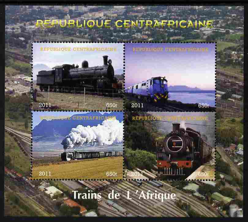 Central African Republic 2011 Railways - Trains of Africa perf sheetlet containing 4 values unmounted mint. Note this item is privately produced and is offered purely on ..., stamps on railways, stamps on 