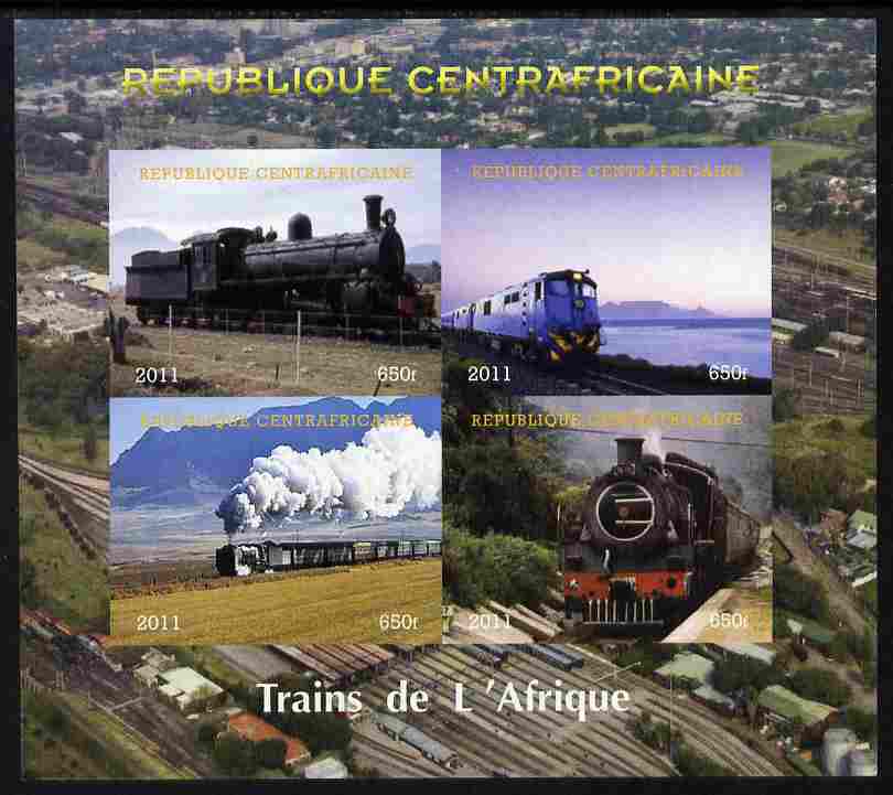 Central African Republic 2011 Railways - Trains of Africa imperf sheetlet containing 4 values unmounted mint. Note this item is privately produced and is offered purely on its thematic appeal, stamps on , stamps on  stamps on railways, stamps on  stamps on 