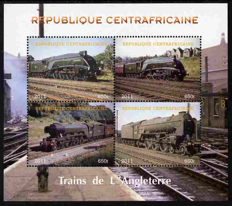 Central African Republic 2011 Railways - Trains of England perf sheetlet containing 4 values unmounted mint. Note this item is privately produced and is offered purely on..., stamps on railways, stamps on 