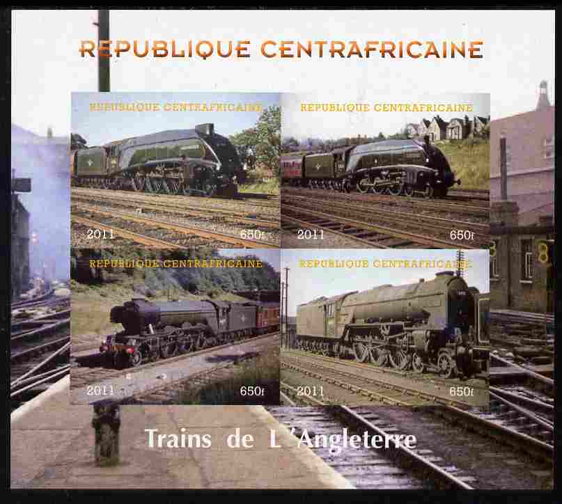 Central African Republic 2011 Railways - Trains of England imperf sheetlet containing 4 values unmounted mint. Note this item is privately produced and is offered purely ..., stamps on railways, stamps on 