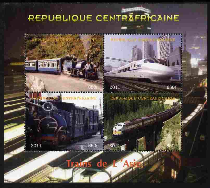 Central African Republic 2011 Railways - Trains of Asia perf sheetlet containing 4 values unmounted mint. Note this item is privately produced and is offered purely on it..., stamps on railways, stamps on 