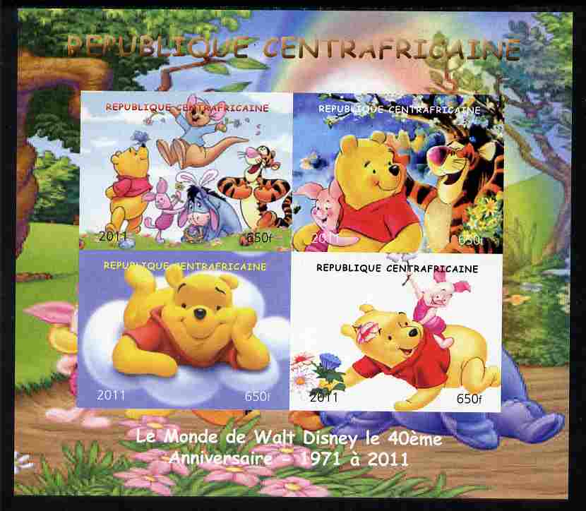 Central African Republic 2011 Winnie the Pooh imperf sheetlet containing 4 values unmounted mint. Note this item is privately produced and is offered purely on its thematic appeal, stamps on , stamps on  stamps on disney, stamps on  stamps on films, stamps on  stamps on cinema, stamps on  stamps on movies, stamps on  stamps on bears, stamps on  stamps on fairy tales