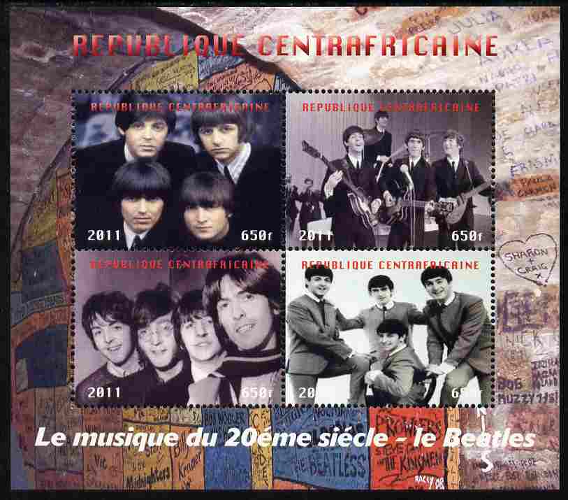 Central African Republic 2011 The Beatles #2 perf sheetlet containing 4 values unmounted mint. Note this item is privately produced and is offered purely on its thematic appeal, stamps on personalities, stamps on beatles, stamps on pops, stamps on music, stamps on rock