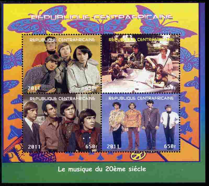 Central African Republic 2011 The Monkeys (pop group) perf sheetlet containing 4 values unmounted mint. Note this item is privately produced and is offered purely on its thematic appeal, stamps on , stamps on  stamps on personalities, stamps on  stamps on pops, stamps on  stamps on music, stamps on  stamps on rock