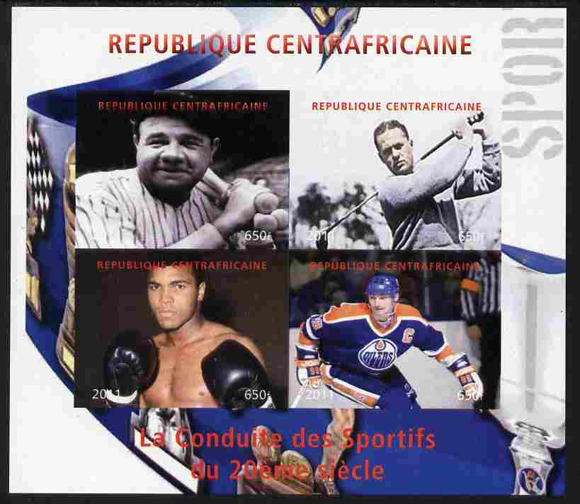 Central African Republic 2011 Sportsmen of the 20th Century perf sheetlet containing 4 values unmounted mint. Note this item is privately produced and is offered purely on its thematic appeal, it has no postal validity, stamps on personalities, stamps on sport, stamps on baseball, stamps on golf, stamps on boxing, stamps on ice hockey